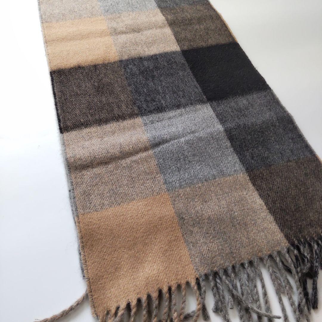 Joshua Ellis Cashmere Scarf Block Check Gray Beige Reversible Fringe Men Women
