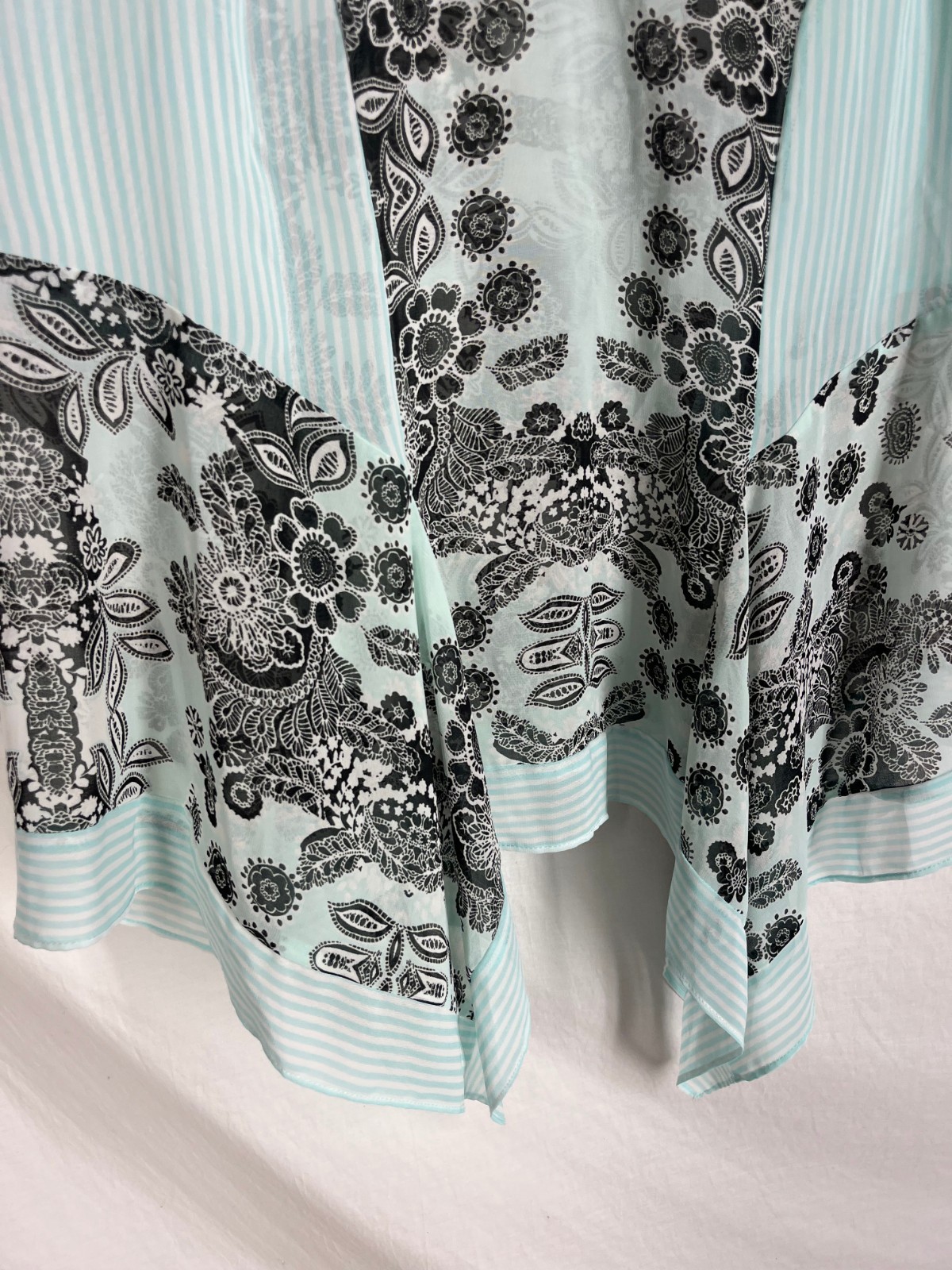 KAREN KANE Blouse Large Blue Floral Sheer Top Shirt Asymmetric Resortwear Casual