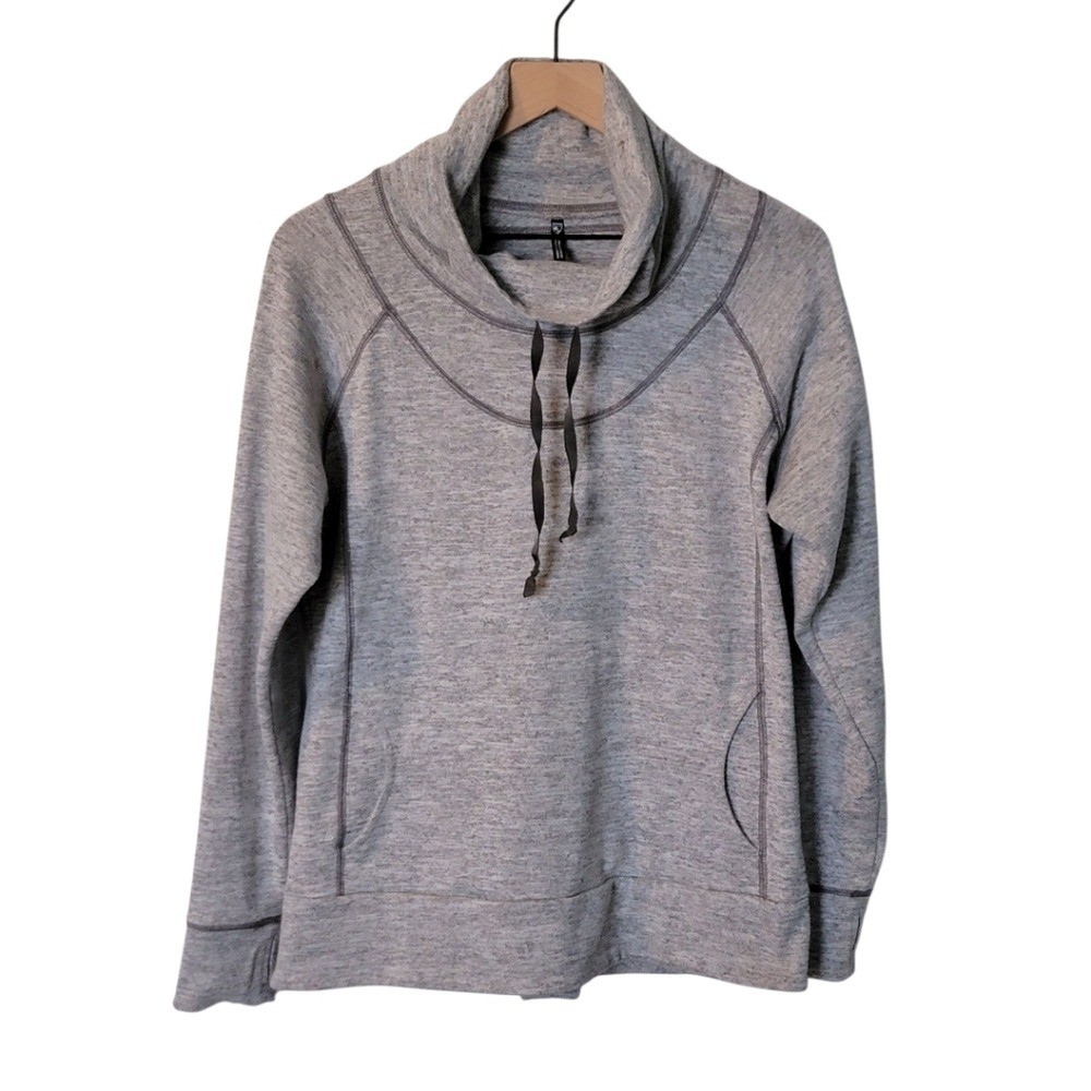 KUHL Leah Pullover Sweatshirt Grey Knit Cowl Neck Thumb Holes Size L