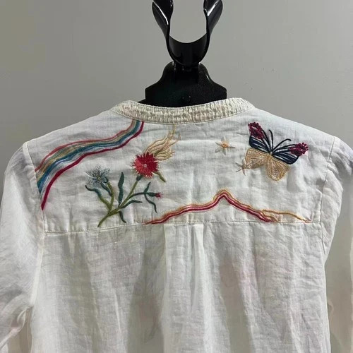 NWOT Johnny Was 100% Ramie Embroidered Floral Button-Down Tunic Shirt Blouse S