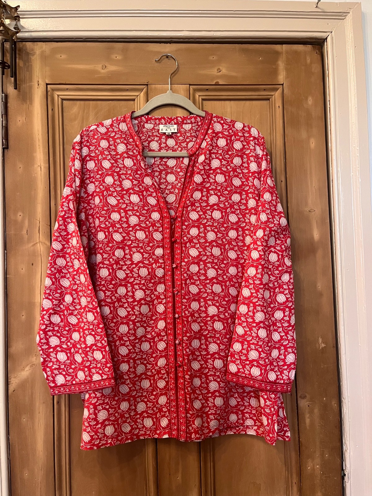 EAST ANOKHI Tunic Shirt, Red & White Floral Print, UK 18, Cotton