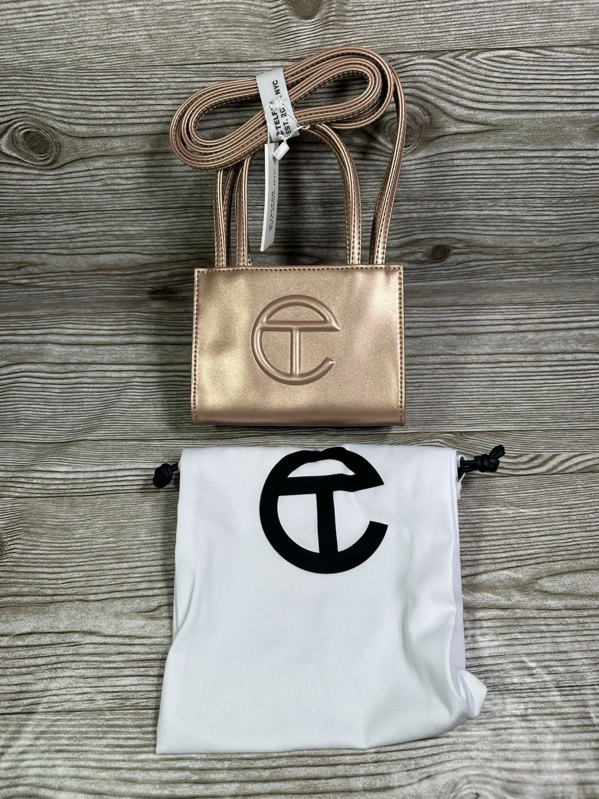 Telfar Small Vegan Leather Cooper Metallic Shopping Bag Purse Mini Party Bag