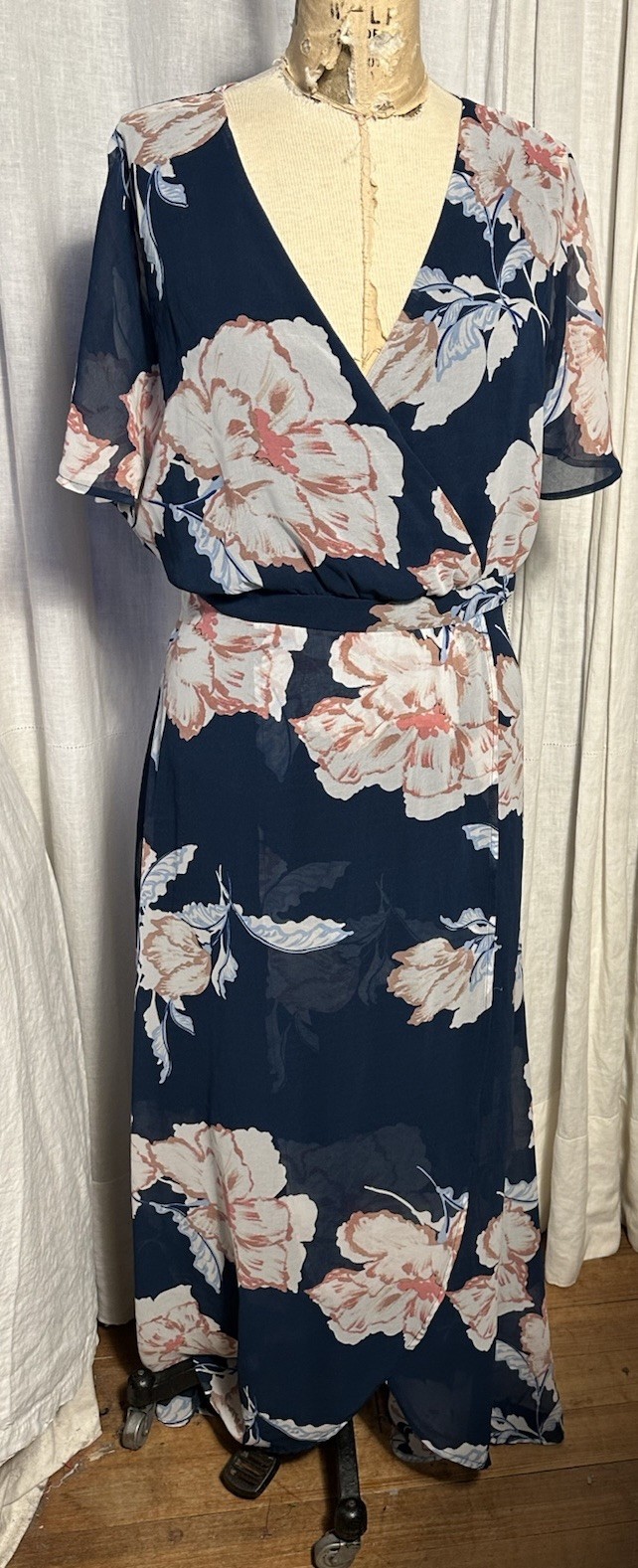 Luxology Womens Floral Chiffon Long/ High Low S Sleeve Dress Sz 14 Used