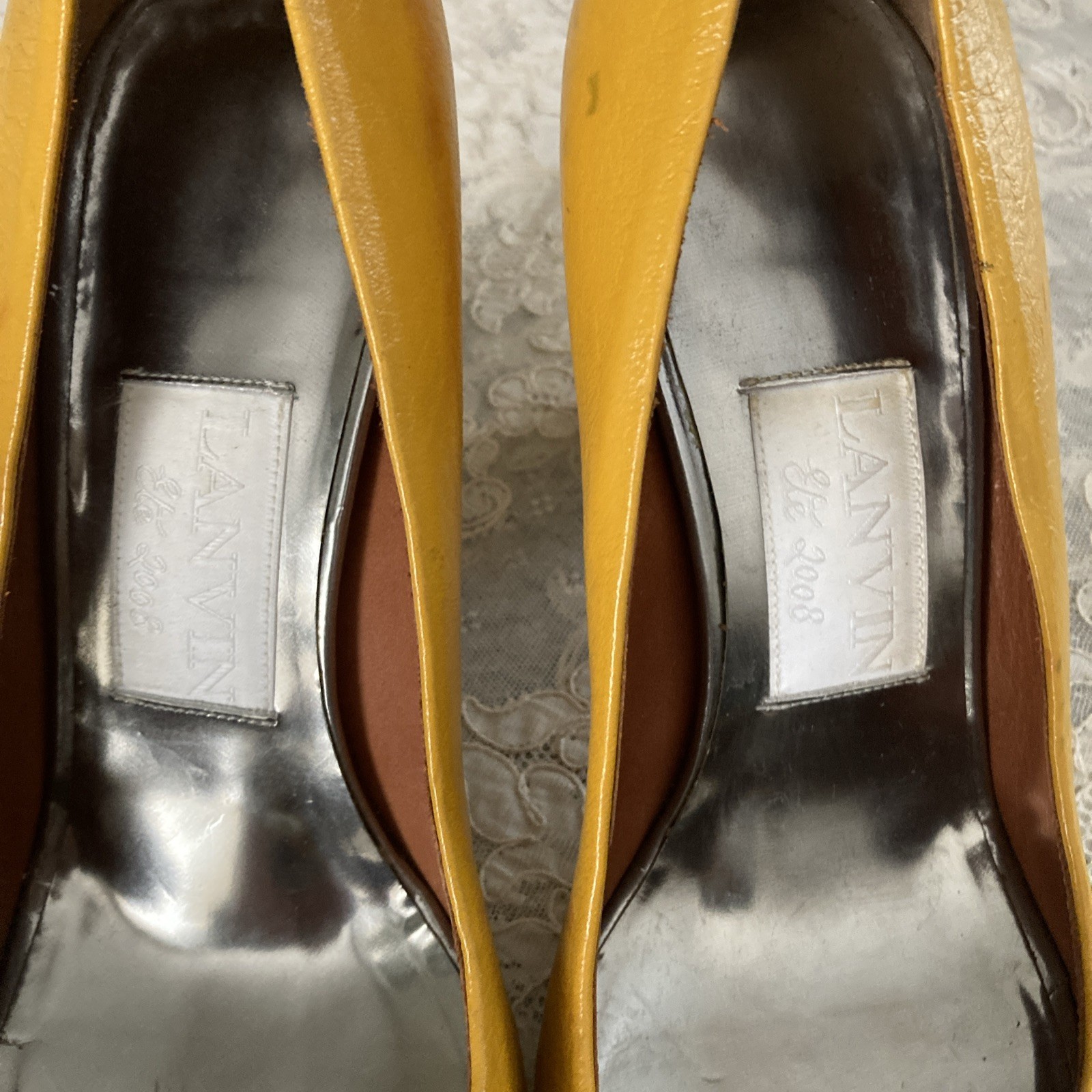 VINTAGE Lanvin Ete 2008 Yellow Patent Leather Metallic Peep Toe Pumps Sz 38 / 7
