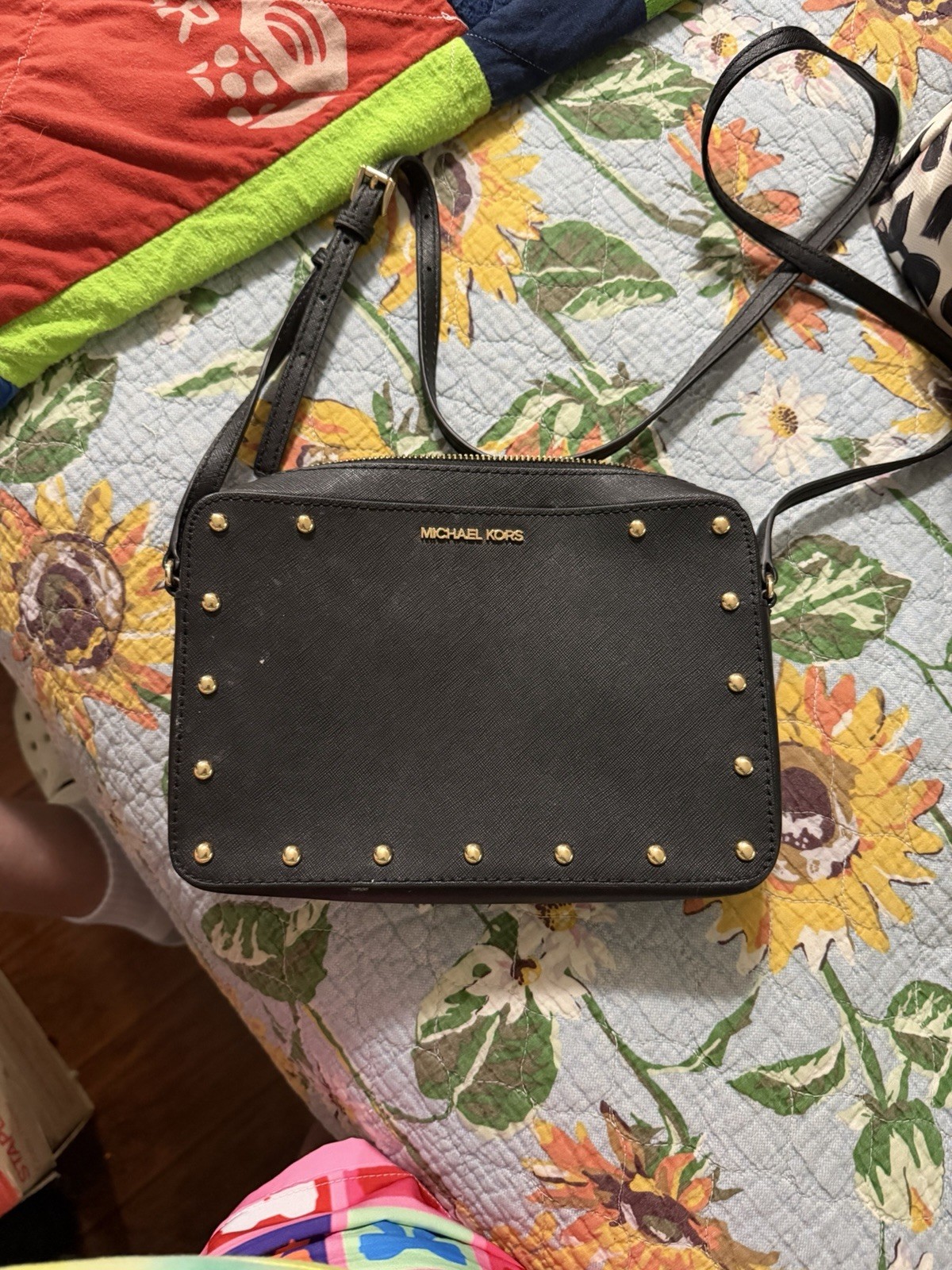 Michael Kors Black Studded Crossbody Bag Zip Top Gold Hardware Adjustable Strap