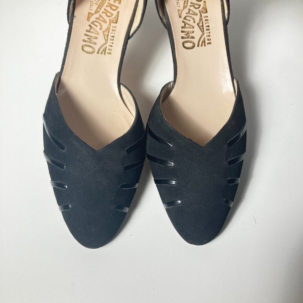 Ferragamo Black Suede Heels with Leather Details Size 8.5B