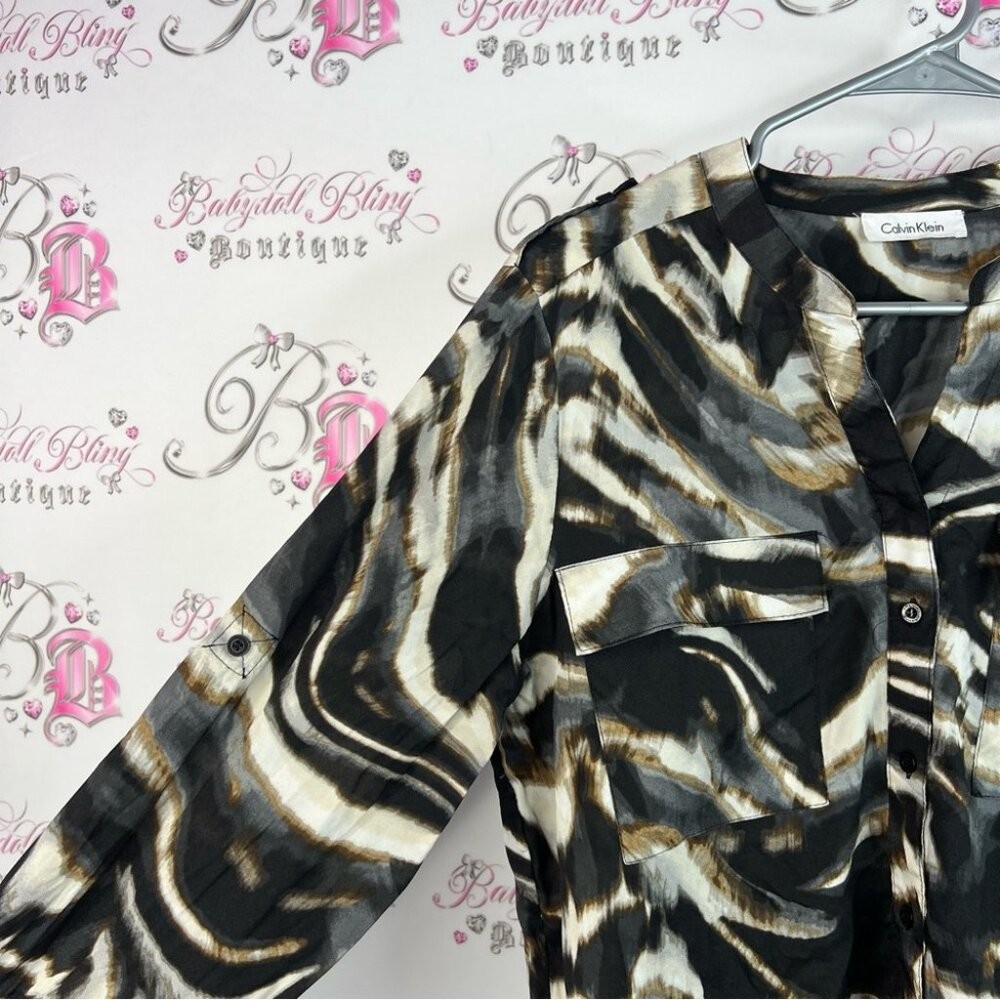 Calvin Klein long sleeve blouse multicolor brown black tan Zebra Print Blouse