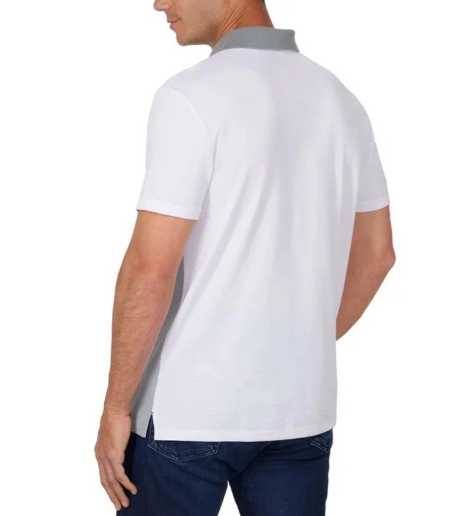 Calvin Klein Polo Shirt, M, White Gray, Quick Dry Wicking Split Hem Short Sleeve