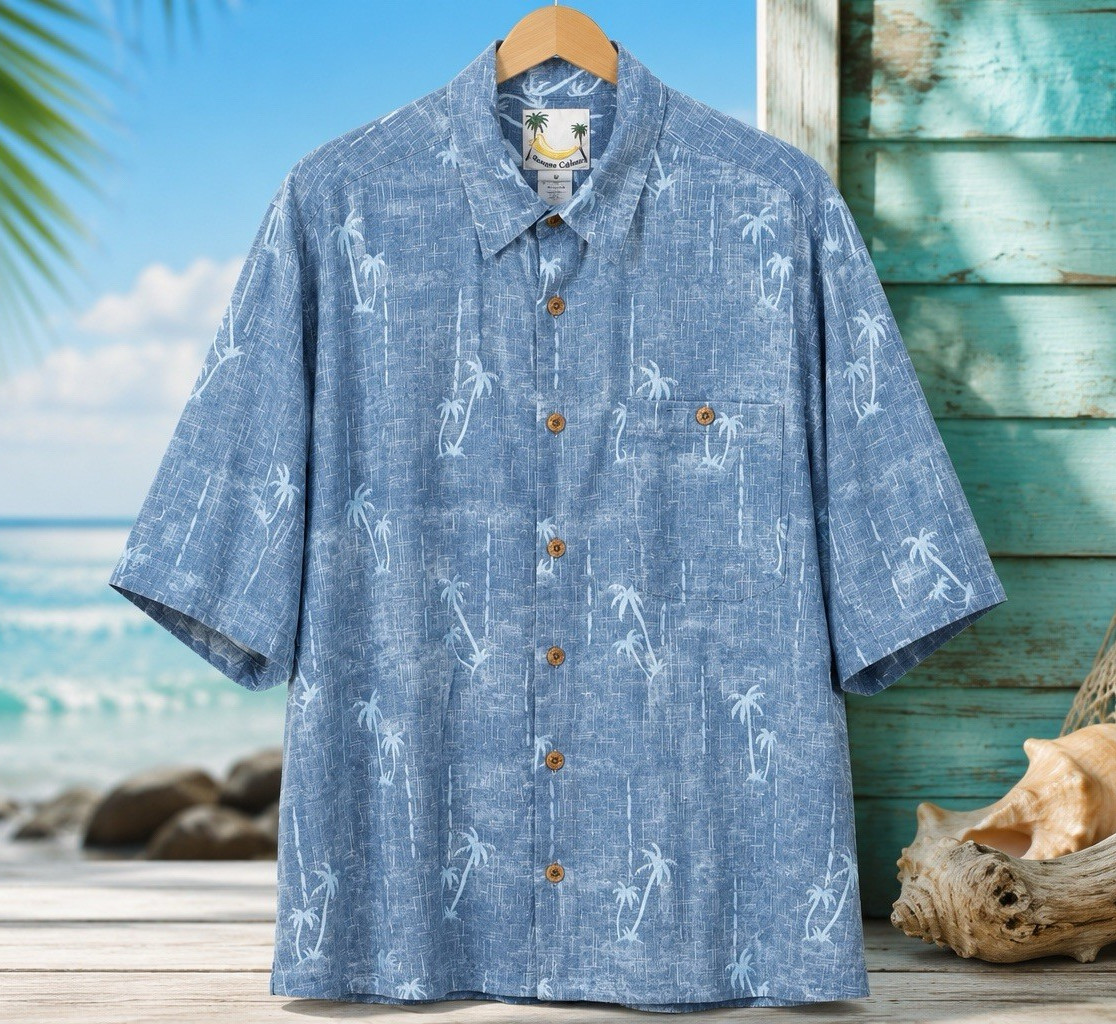 Banana Cabana Men’s XXL Silk Short Sleeve Blue Palm Tree Hawaiian Button-Up