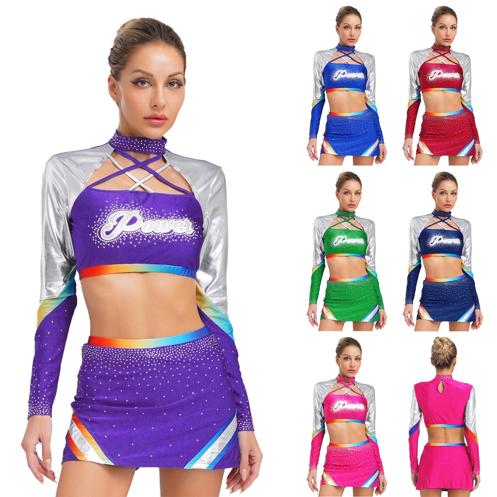 Women Cheerleading Uniform Dance for Teen Long Sleeve Crop Top with A-line Skirt