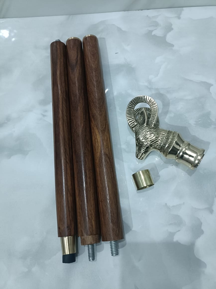 36” Handmade Walking Stick Cane Wood Antique Sword Brass Gold Shape Goat Handle