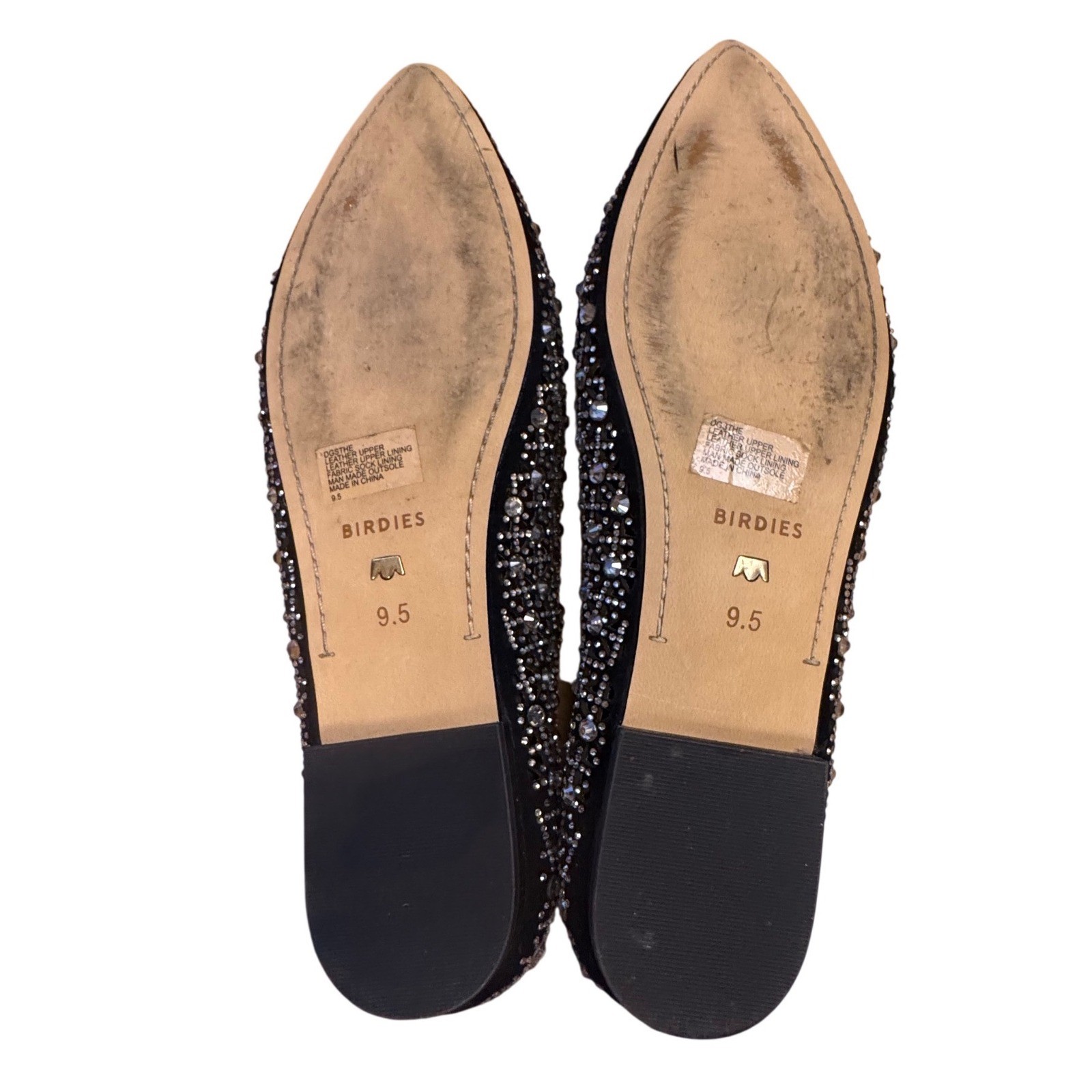 Birdies Swan Black Crystal Embellished Flats Rhinestone Leather Pointed Toe 9.5