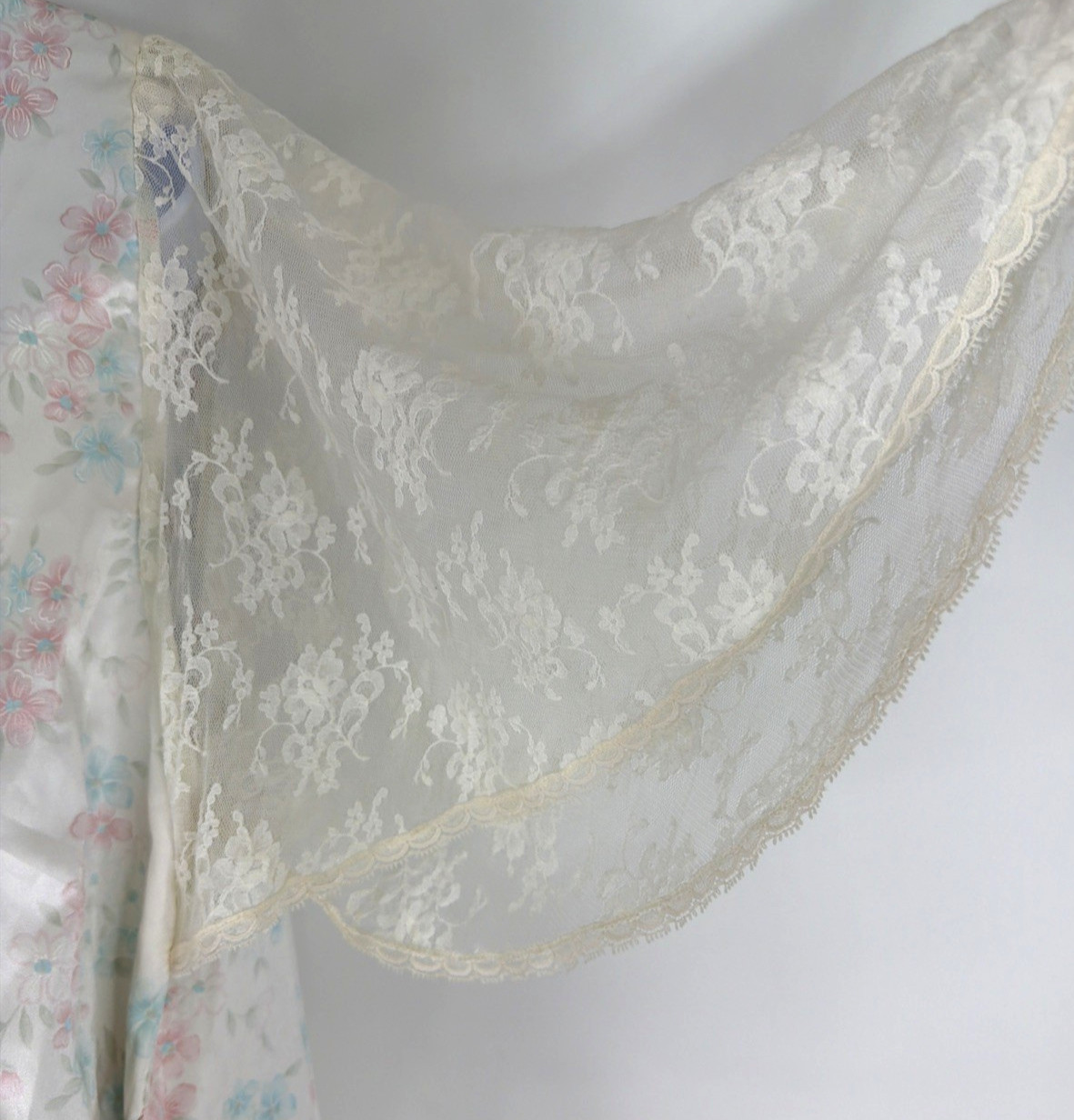 VTG Sara Beth Satin Poly Nightgown Robe Set Pink/Blue Floral Lace Bridal Small