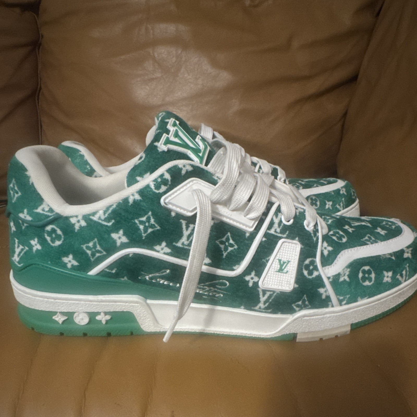 Louis Vuitton Green/White Monogram Denim Low Top Lace-Up Sneakers w/ Dust Bag