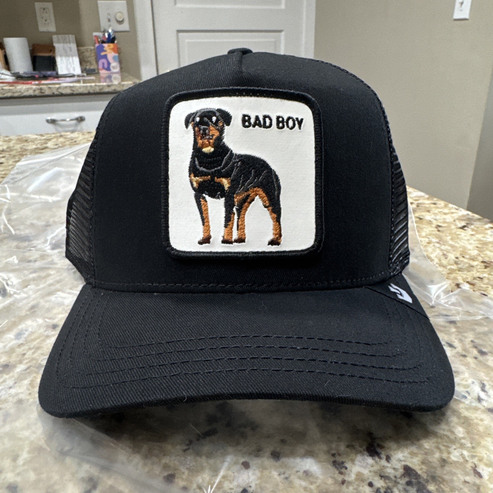 Goorin Bros men’s trucker hat. Dog patch. Black. Adjustable mesh back. Bad Boy!