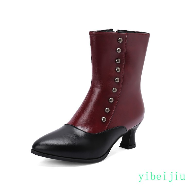 Womens Low Kitten Heel Patchwork Ankle Boots Buttons Leather Shoes Two Tone 2026