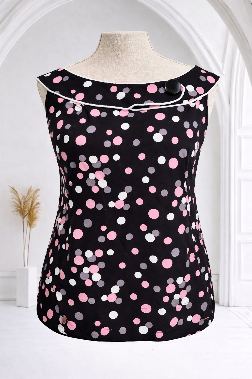 Black Pink Polka Dot Blouse Womens 18W Sleeveless Side Zip Plus Size