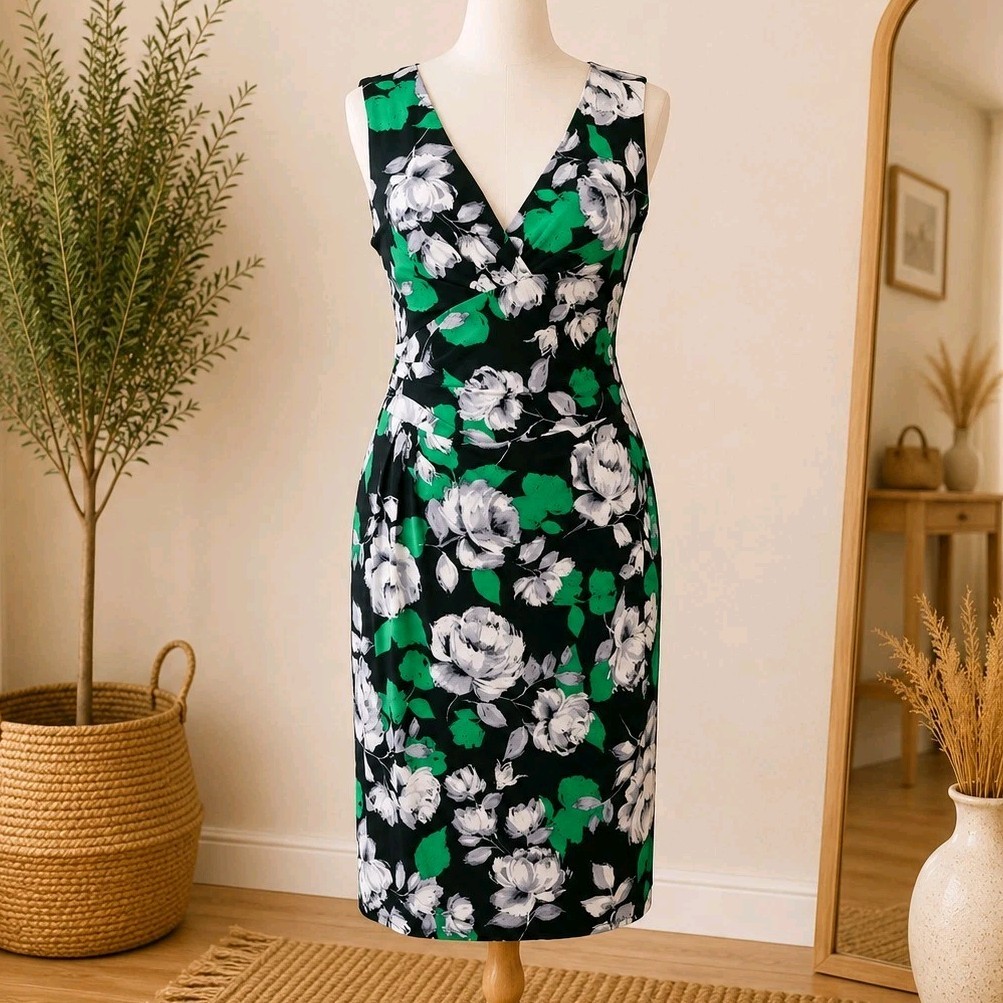 Phase Eight Green Floral Wrap Dress UK 16 Midi Occasion Wedding Guest Party