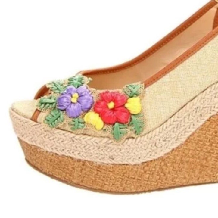 Poetic Licence 8.5 Sandals Natural Petal Pusher Floral Fabric Leather Wedge Shoe