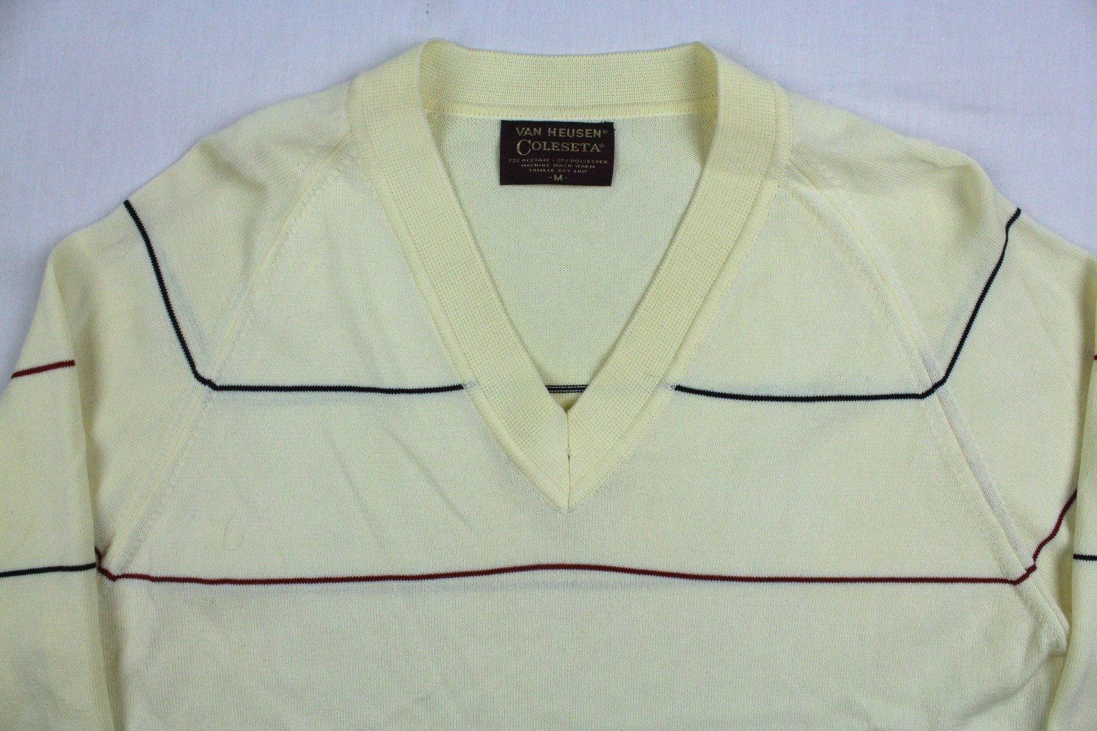 Vintage Van Heusen Coleseta Striped Acetate/Polyester V-Neck Knit Sweater Medium