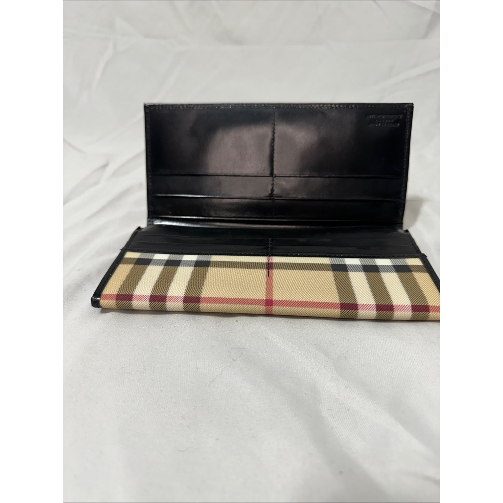 Burberry Nova Check Continental Wallet Beige Plaid Leather Trim Made in Italy