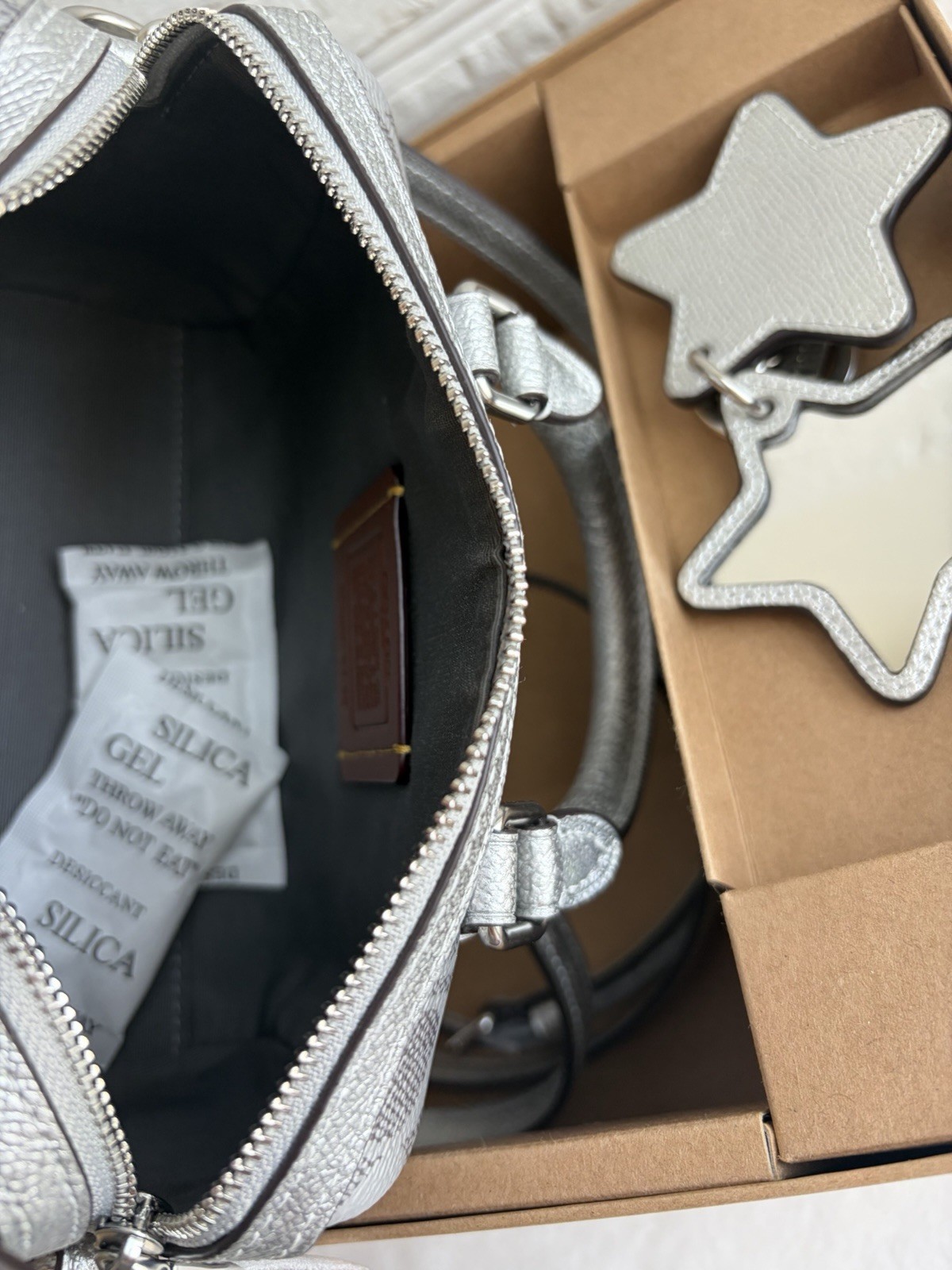 Coach Signature Logo Mini Satchel Metallic Silver/Gray Zip Strap Star Charm
