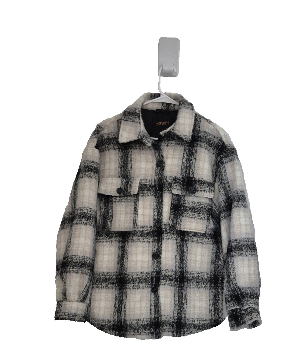 Ambiance Outerwear Womens Jaciket M Black/Beige Plaid Lined Button Up Shacket