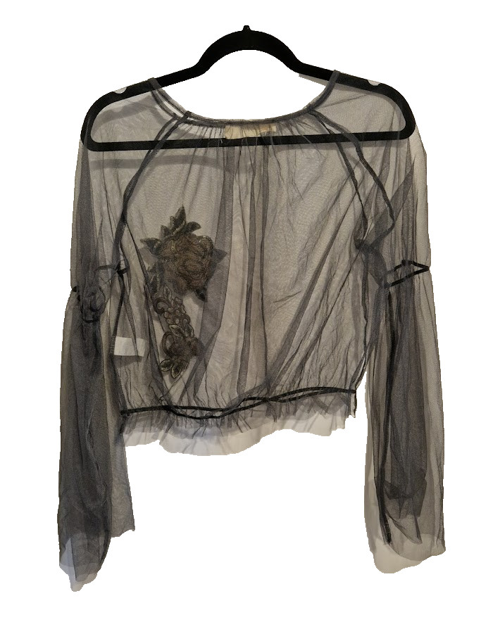 Twinkle Sheer Mesh Crop Top Grey Sequin Applique Flower Bubble Hem Festival