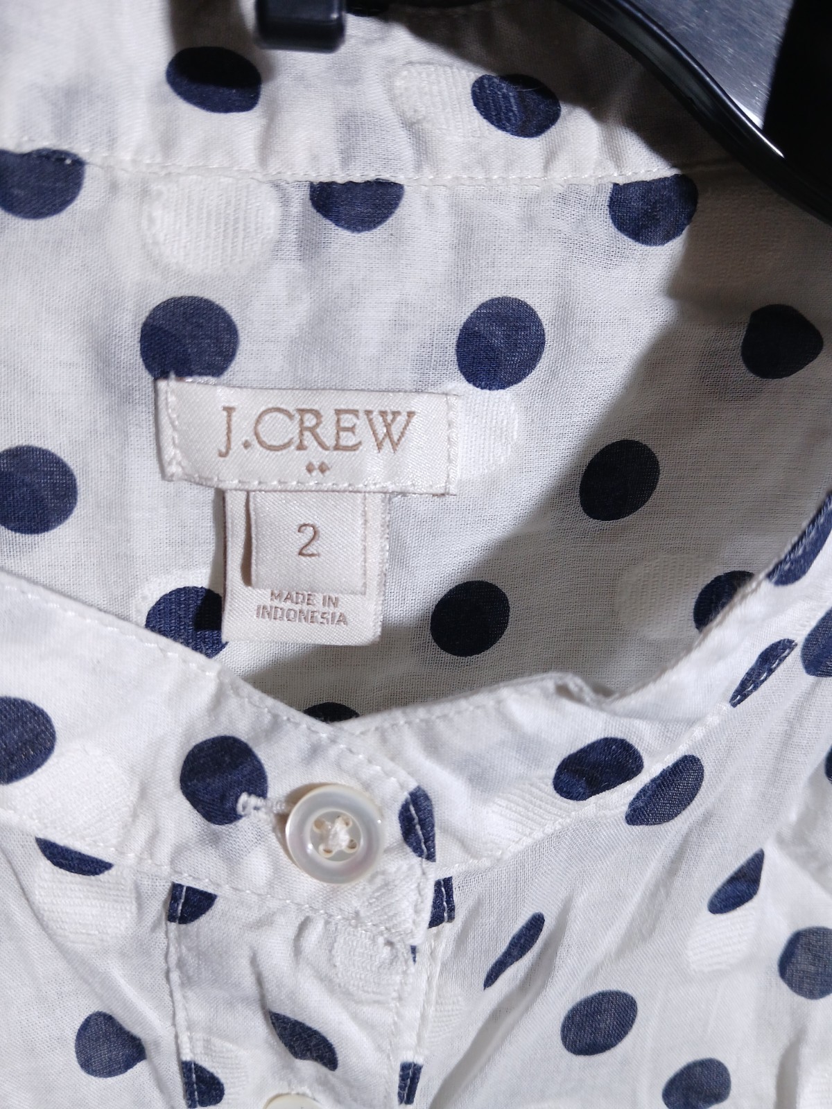 J Crew Womens 2 Blouse White Blue 100% Cotton Polka Dot Collared Button Up Top