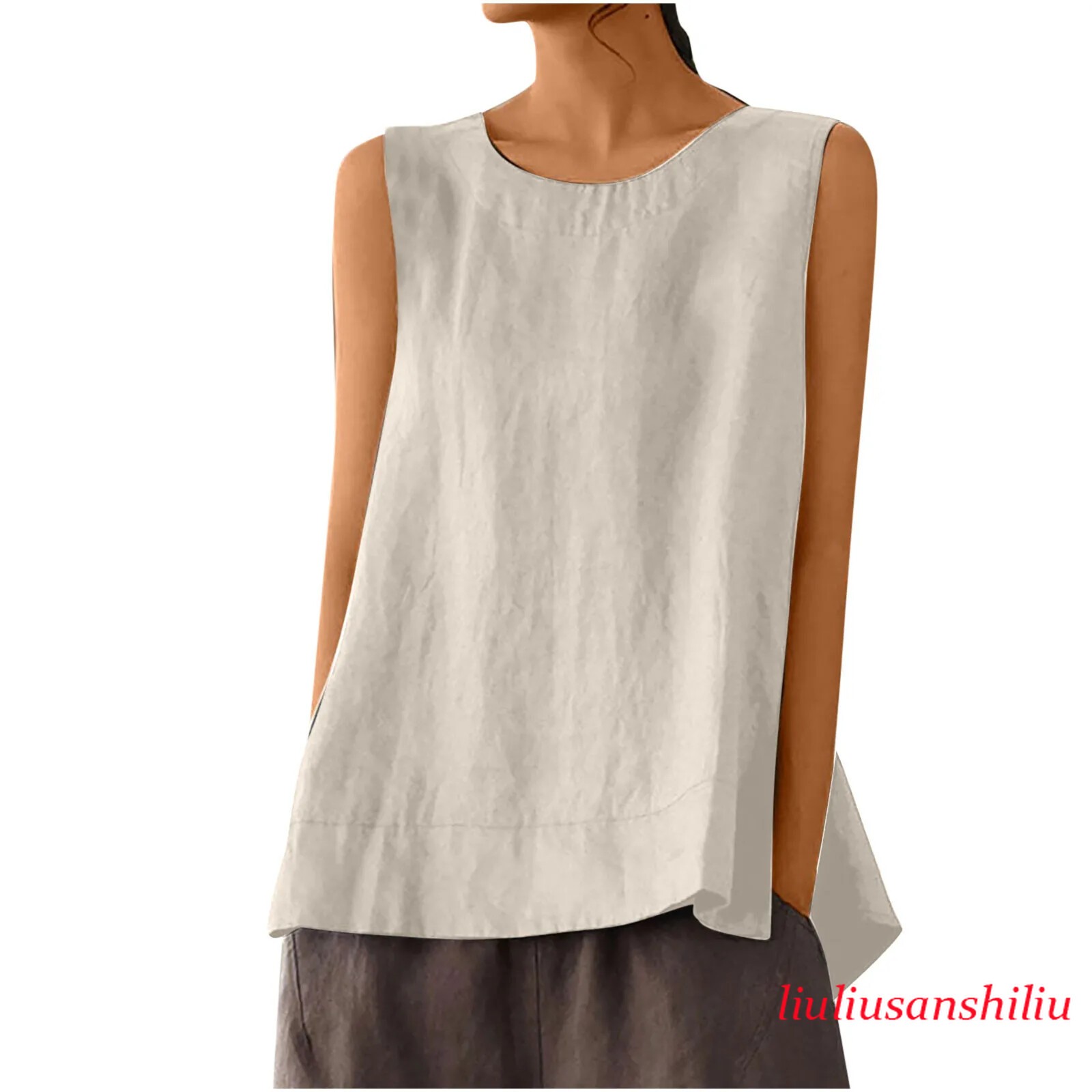 Solid Color Casual Cotton Linen Sleeveless Round Neck Soft and Breathable Top