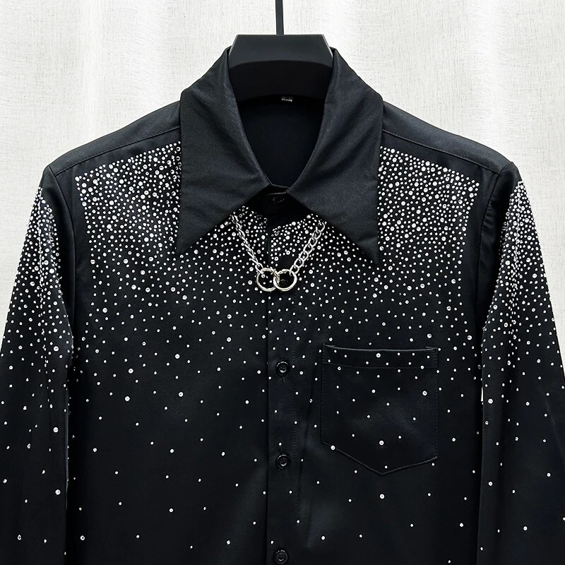 Men Luxury Fashion Trend Starry Sky Diamonds Rhinestone Casual Button Down Shirt