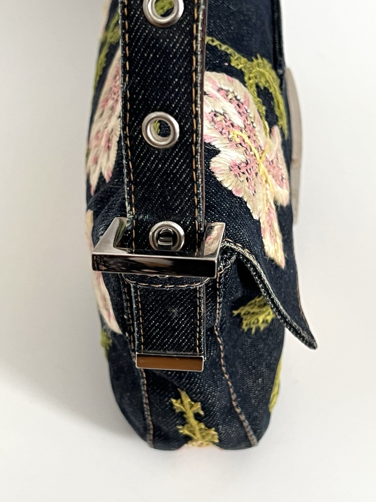 Authentic Vintage Fendi Y2K Indigo Denim Floral Embroidered Baguette Handbag