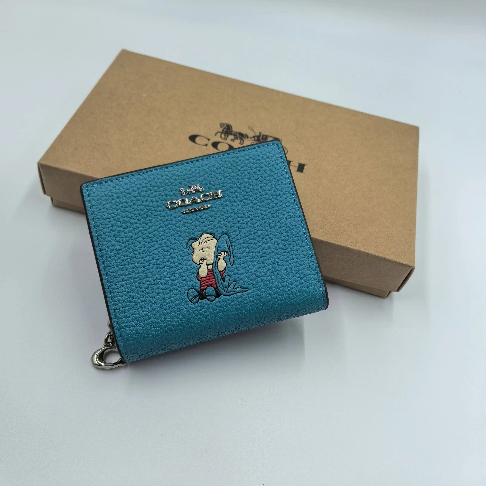 NEW Coach x Snoopy Print Cartoon Pattern Short Zip Wallet Blue