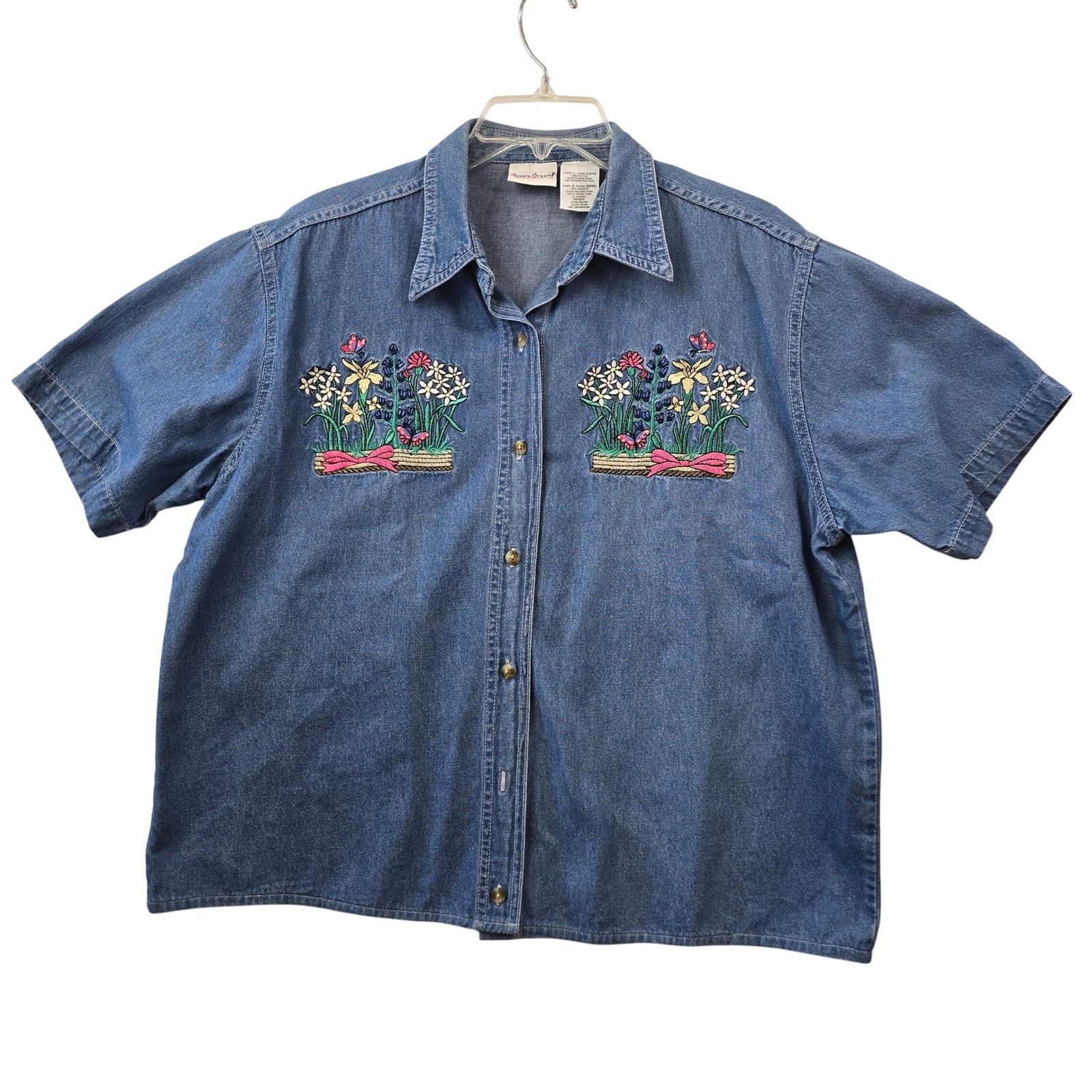 Vintage Floral Embroidered Cottagecore Denim Shirt Womens L Bobbie Brooks