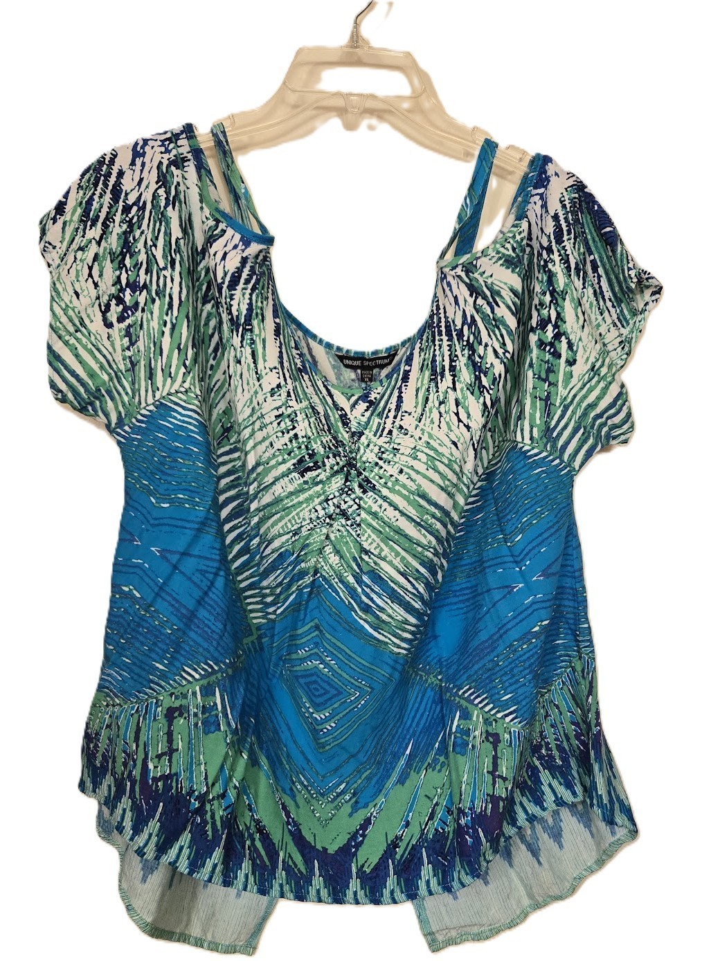 Unique Spectrum Cold Shoulder Top Blue Green Geometric Y2K Boho Women’s Size XL