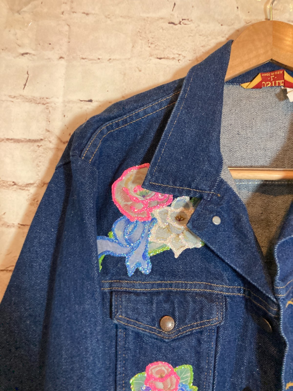 Vintage Rustler Jean Jacket Women Large Hand Painted Artsy Dark Wash 80’s Button