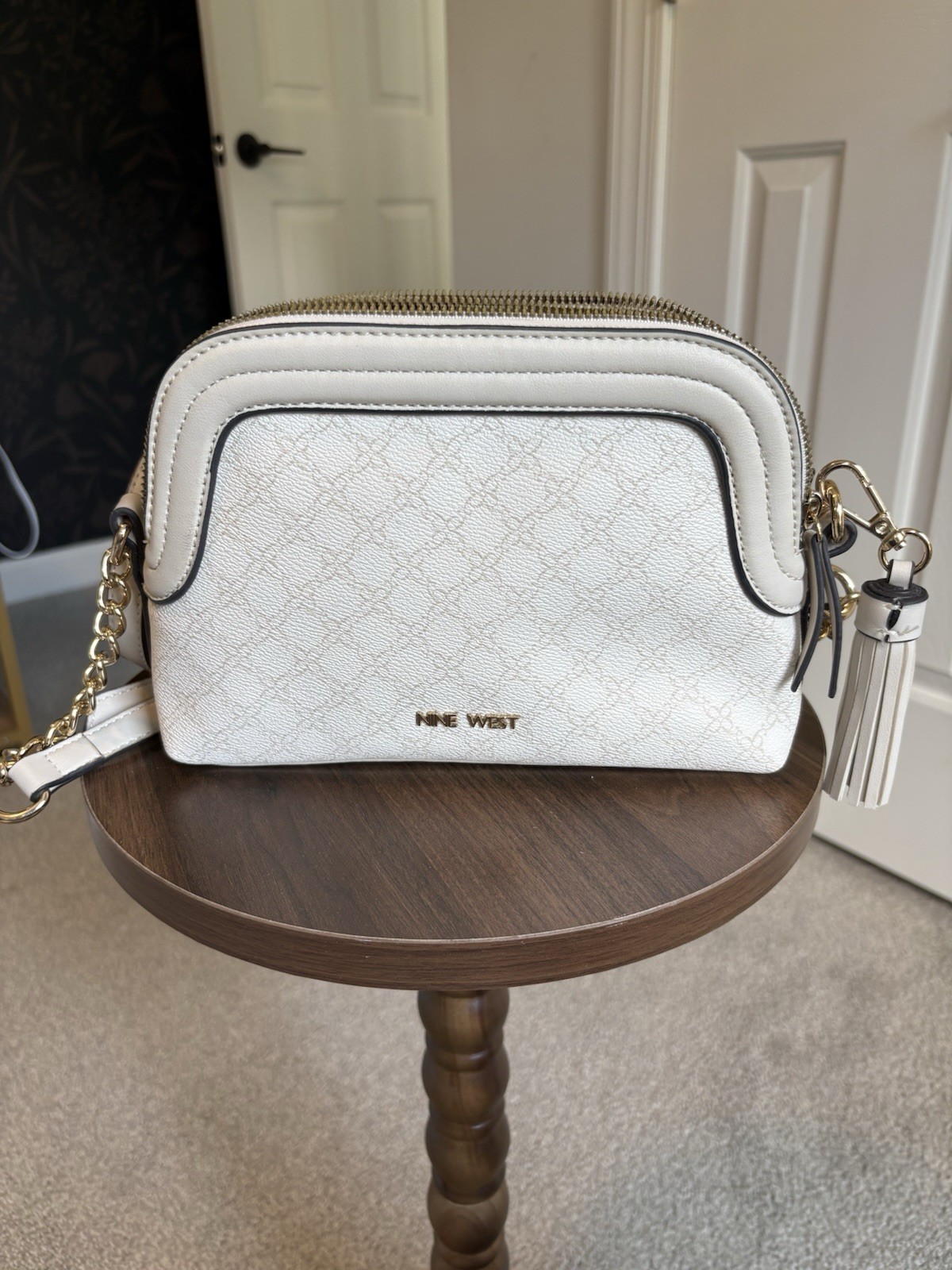 Nine West White Logo Crossbody Bag Gold Chain Zip, Adjustable Detachable Strap