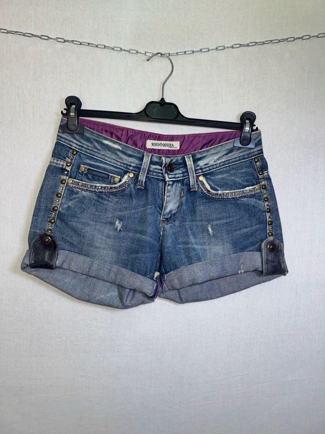 Rossodisera Low Rise Distressed Denim Studded Shorts with Zipper Pockets