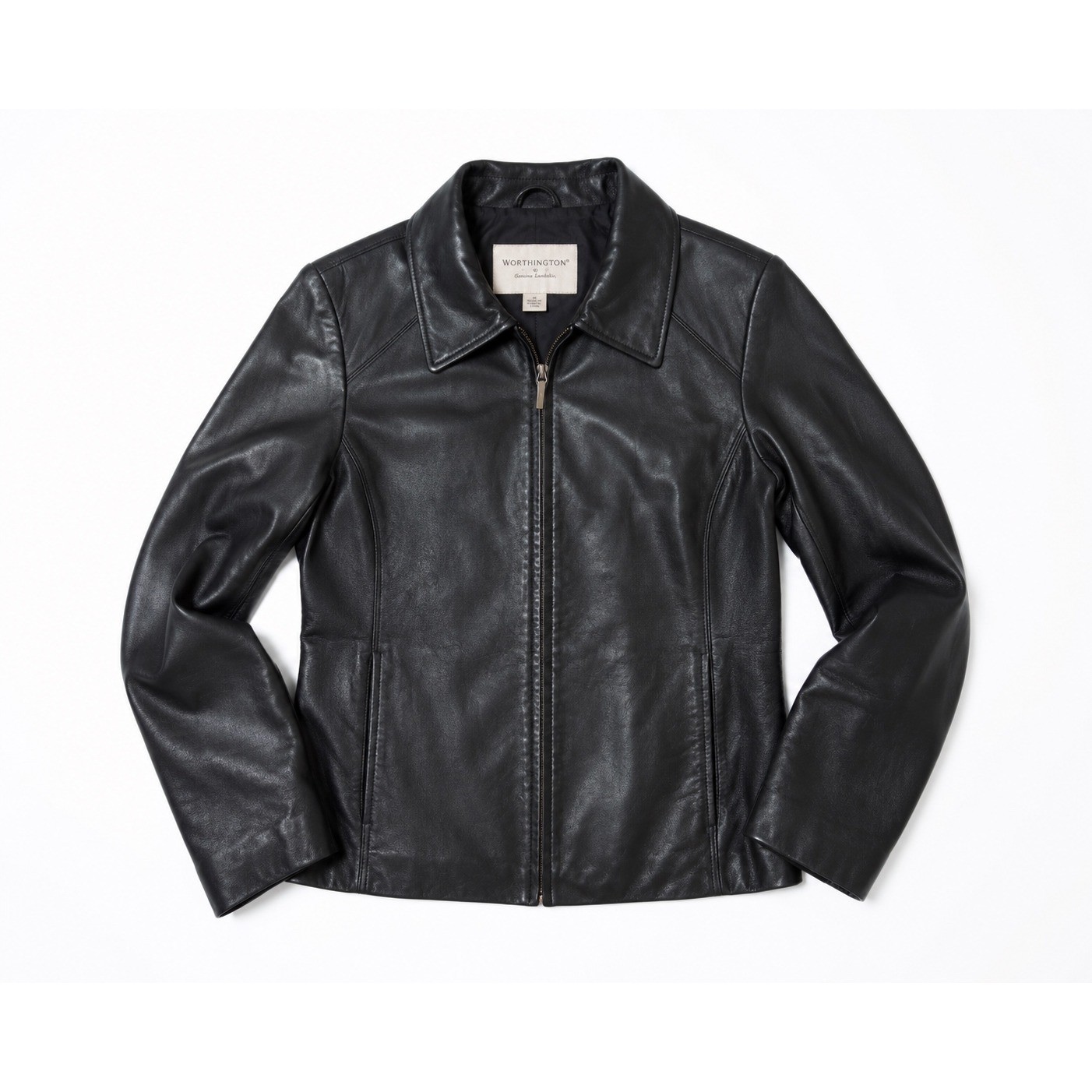 Vintage Worthington Black Lambskin Leather Zip Up Jacket Medium 90s Y2K Minimal