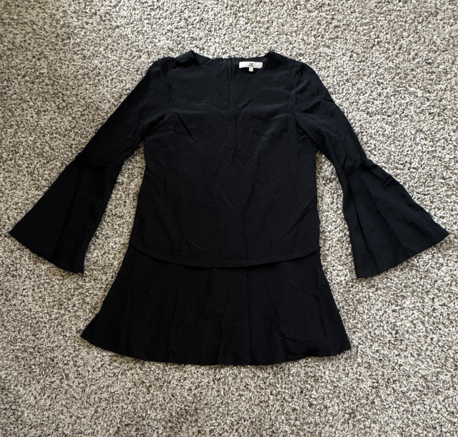 Tibi 100% Silk Minimalist Flared Bell Sleeve Zip Solid Mini Dress Black Size 0