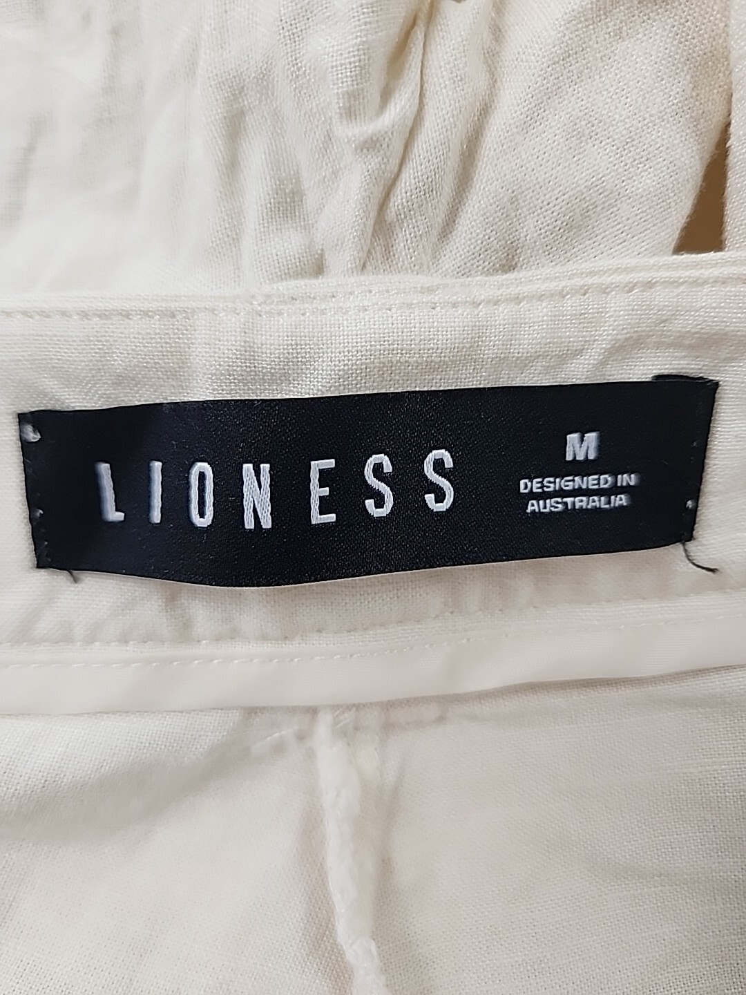 lioness linen Pants Size Medium Wide Leg Cream Fray Fringe langenlook Button Zip
