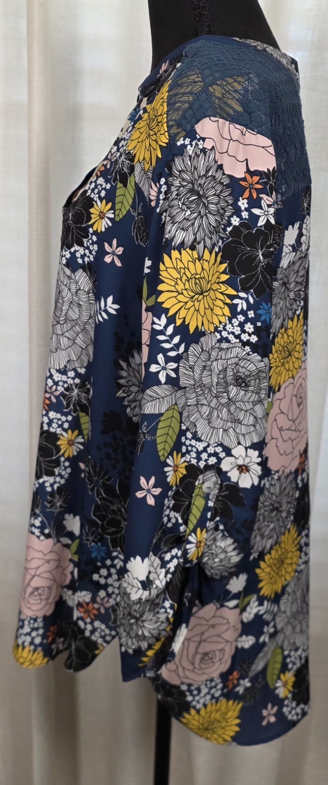 Zac & Rachel Top XL Navy Floral Lace Yoke Boho Tunic Blouse 3/4 Sleeve V-Neck