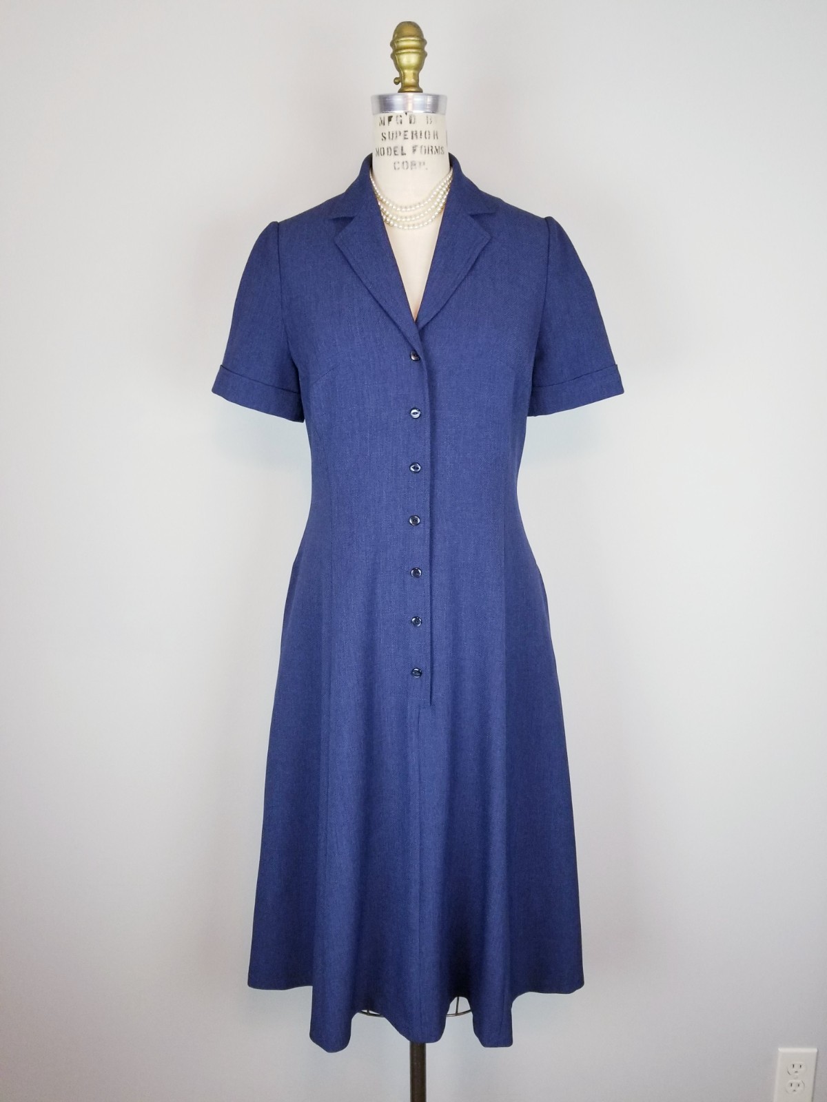 Deep Navy Blue Anne Klein Button Front A Line Midi Dress w/Pockets * Size 4