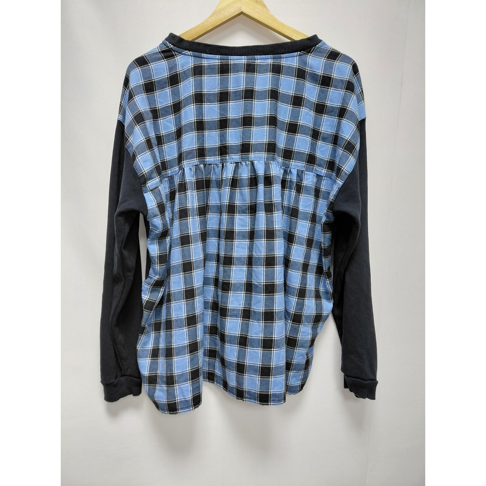 Pilcro Anthropologie Mixed Fabric Plaid Back Sweatshirt Blue Black Size XL