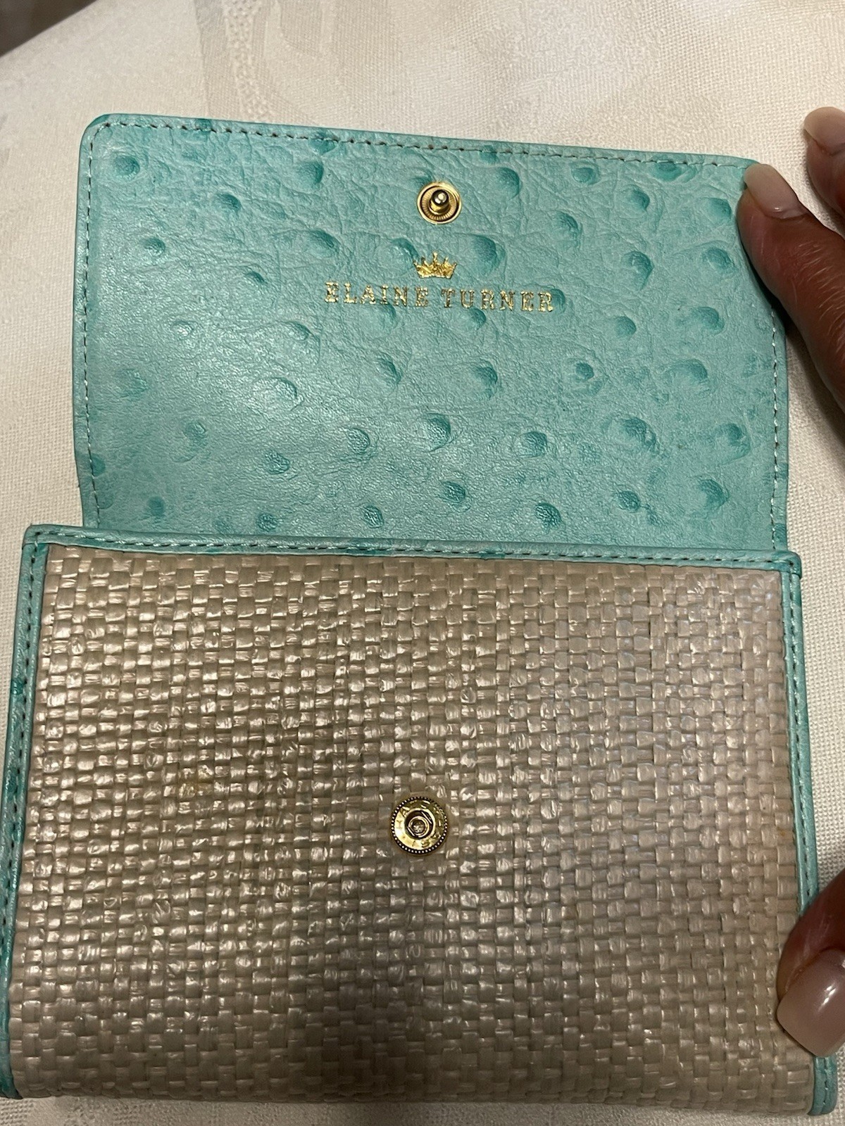 Elaine Turner Turquoise Ostrich Leather/StrawWallet New Without Tags
