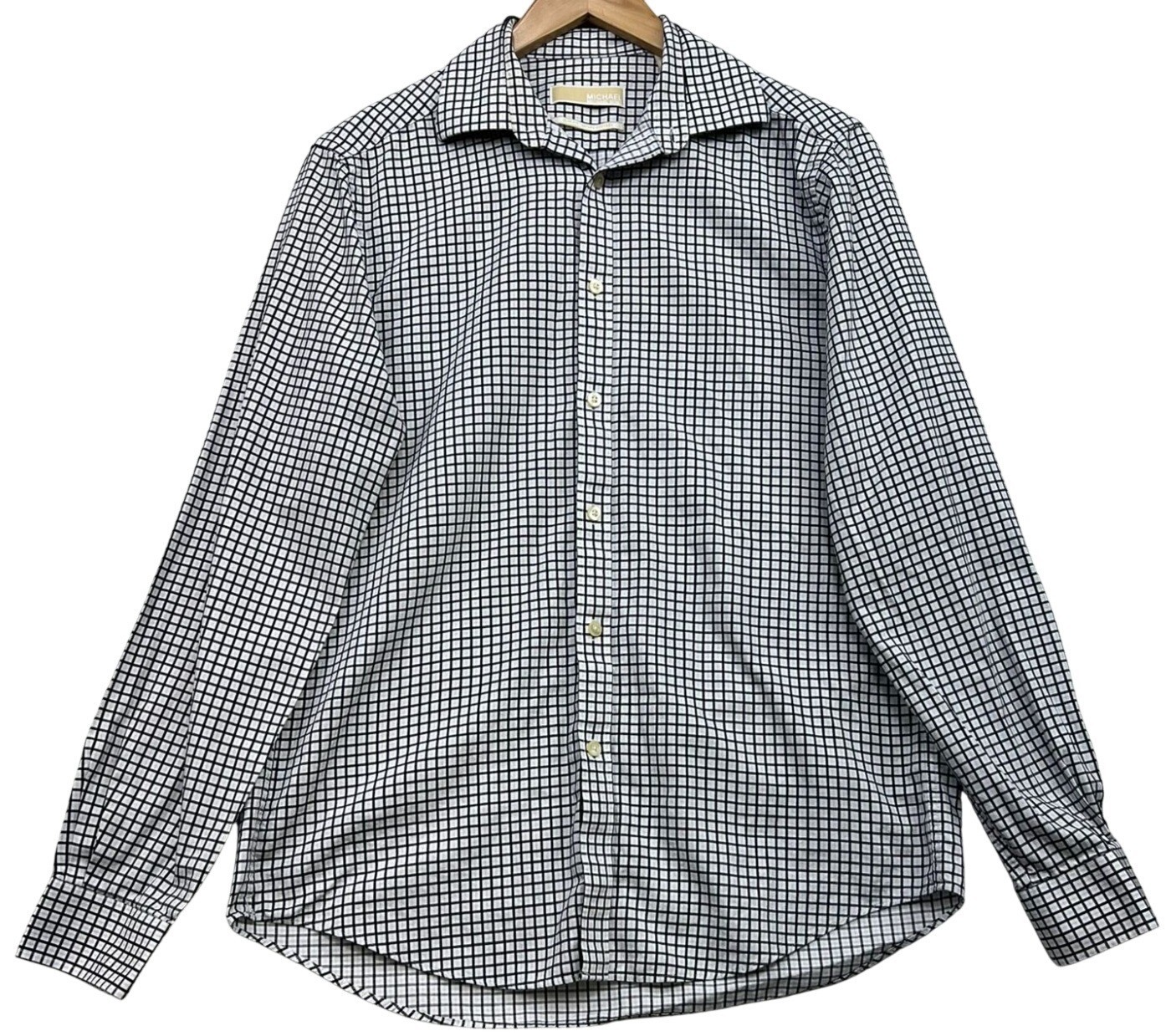Michael Kors Mens Slim Fit Button-Up Shirt Long Sleeve M 15.5 White Black Check