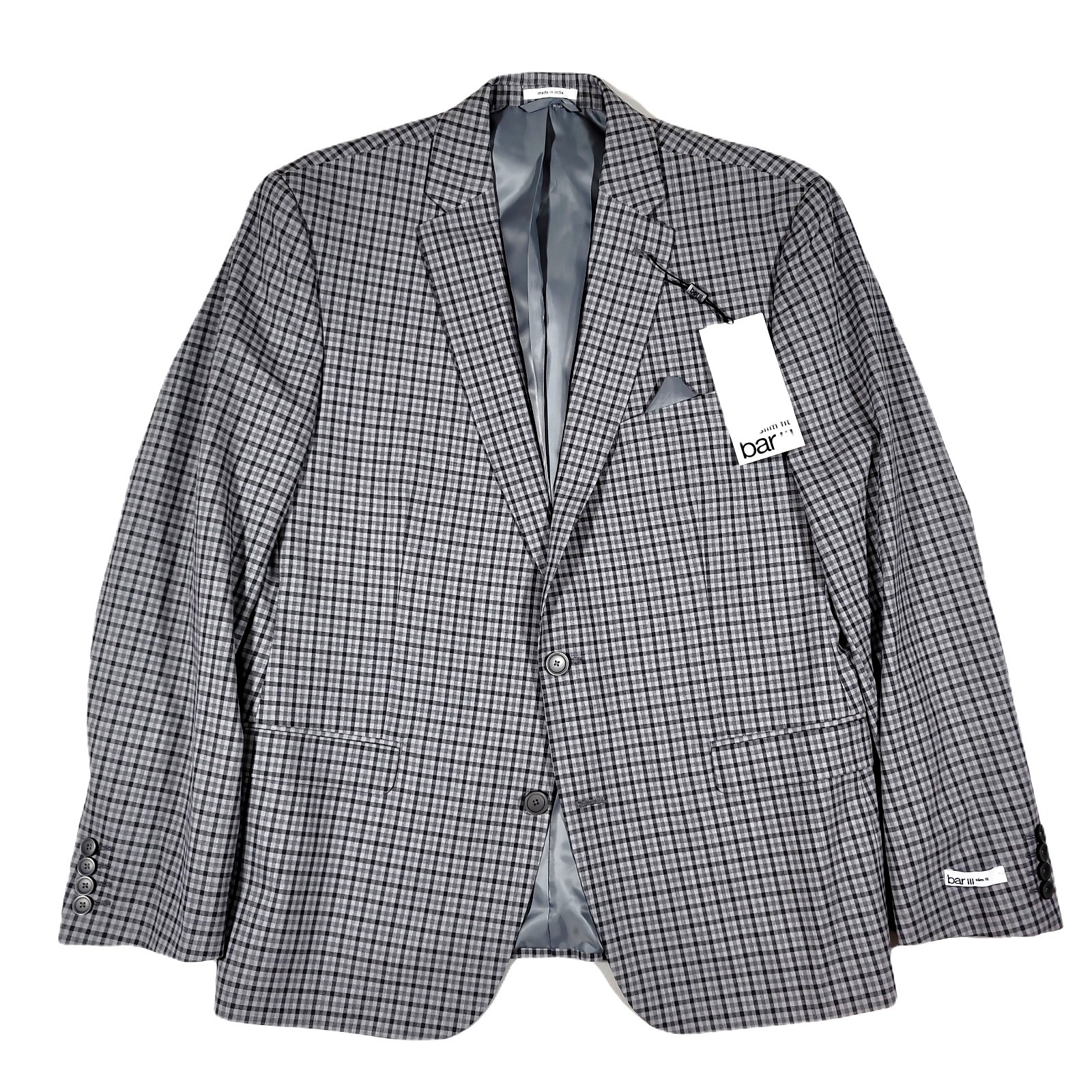 Bar III Slim-Fit Blazer Mens 42L 42 Grey Check Patterned Sport Coat $295 NEW