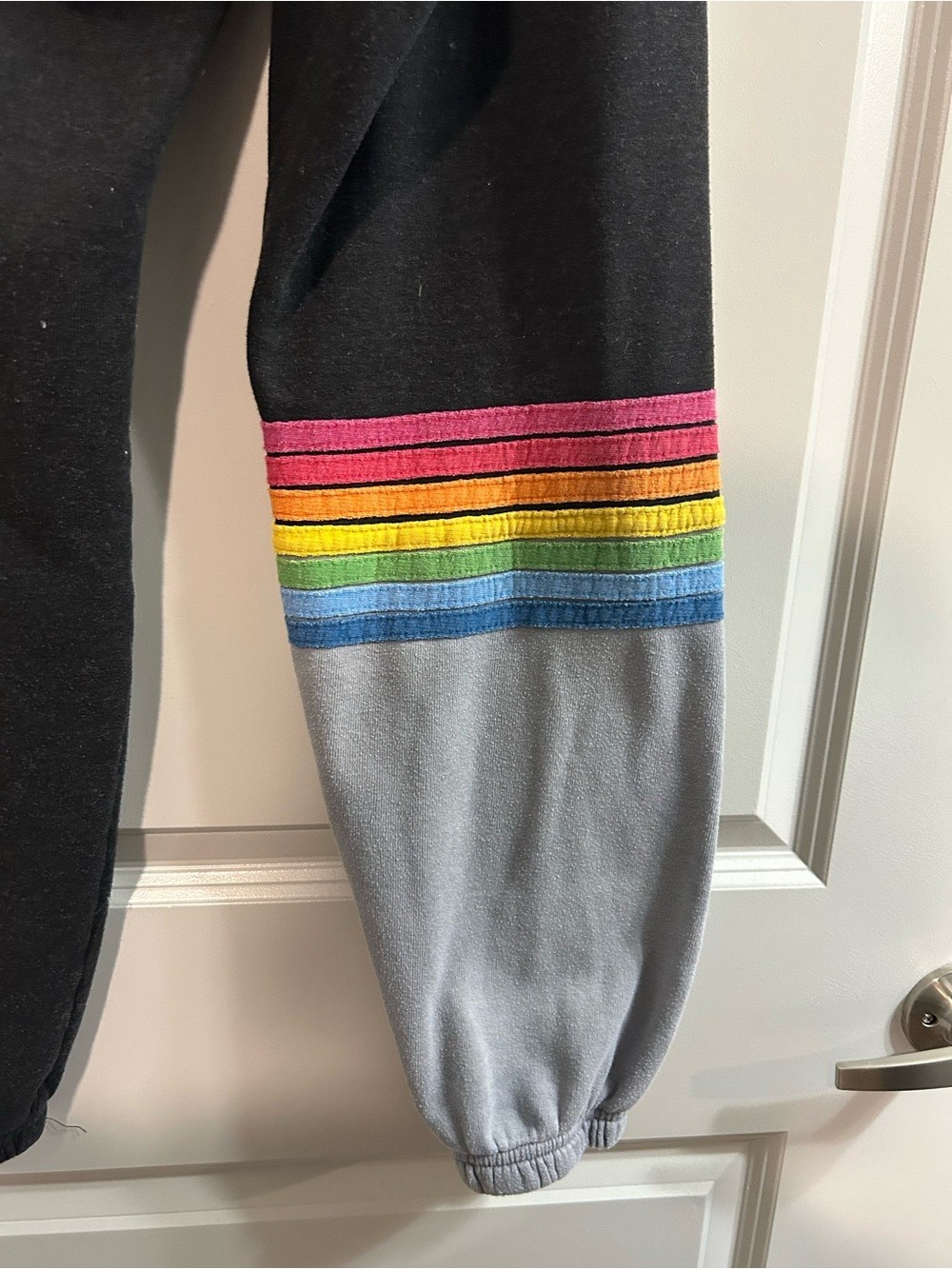 Aviator Nation Rare Style Black Sweatpants with Rainbow 7 stripe on one leg