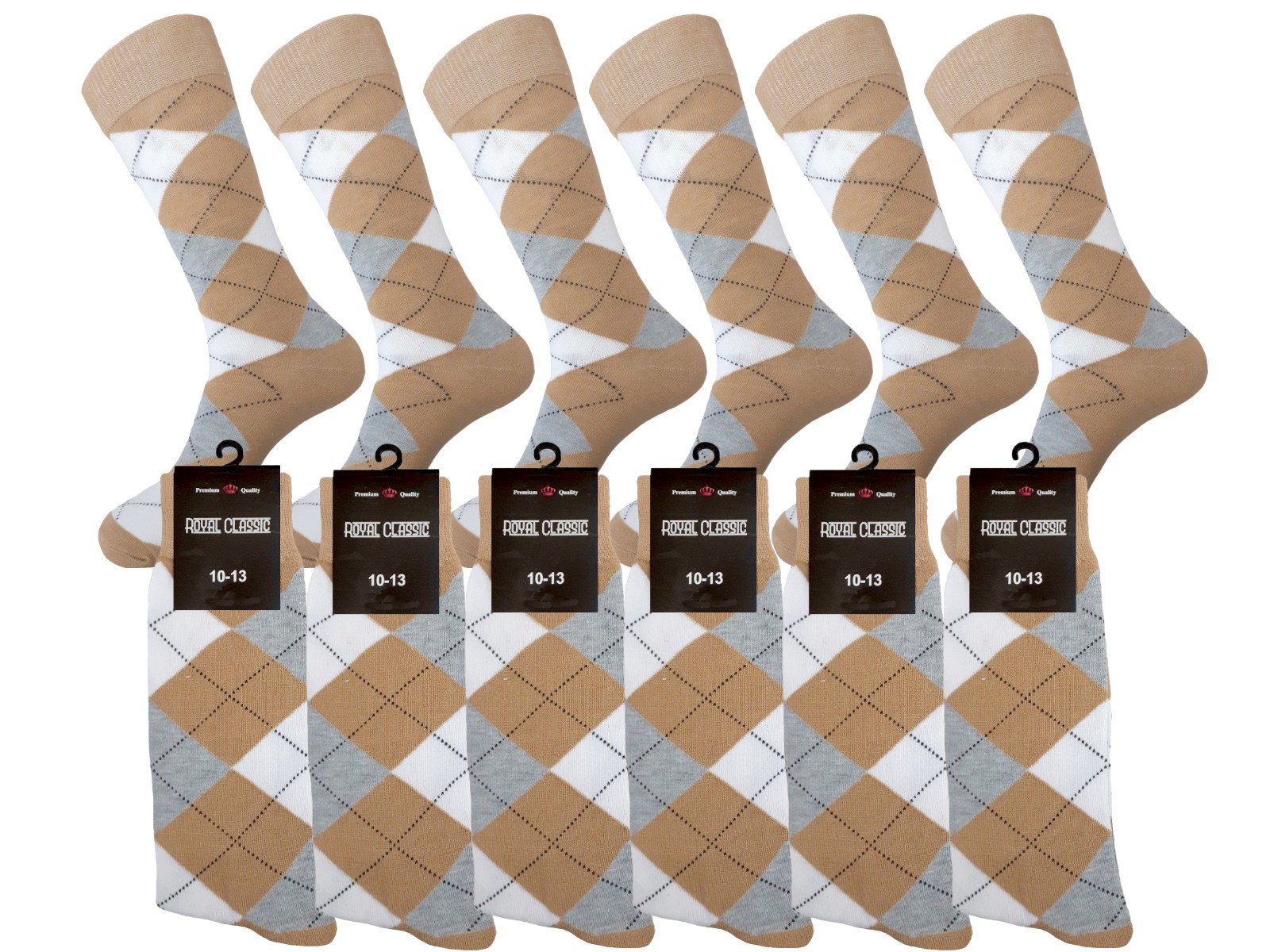 12-6-3-1 Dress Socks Argyle Diamond BEIGE WHITE GRAY COTTON Socks TRUE TO SIZE