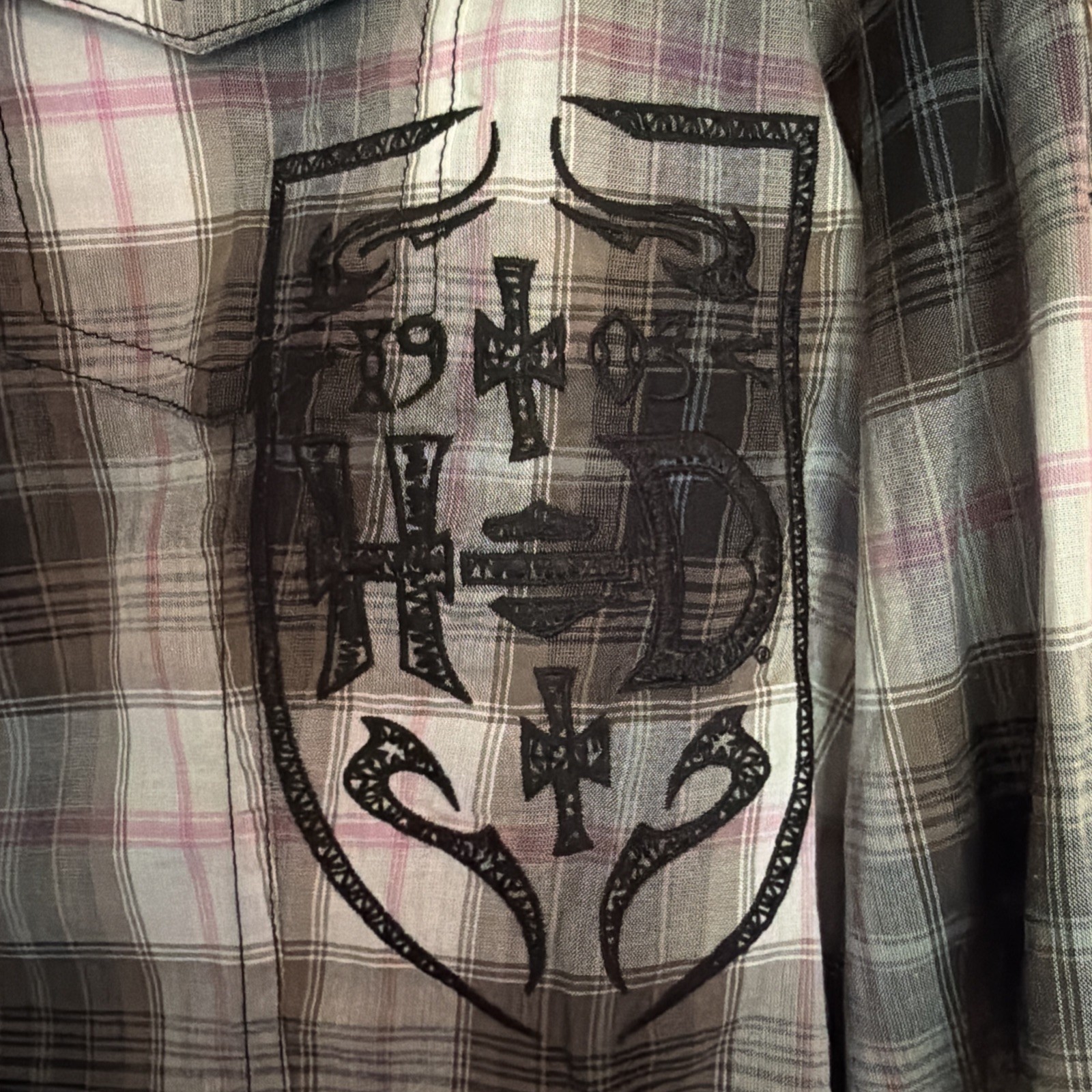 Harley Davidson Ladies pink & Black Plaid w/black lace Long Sleeved Shirt MED